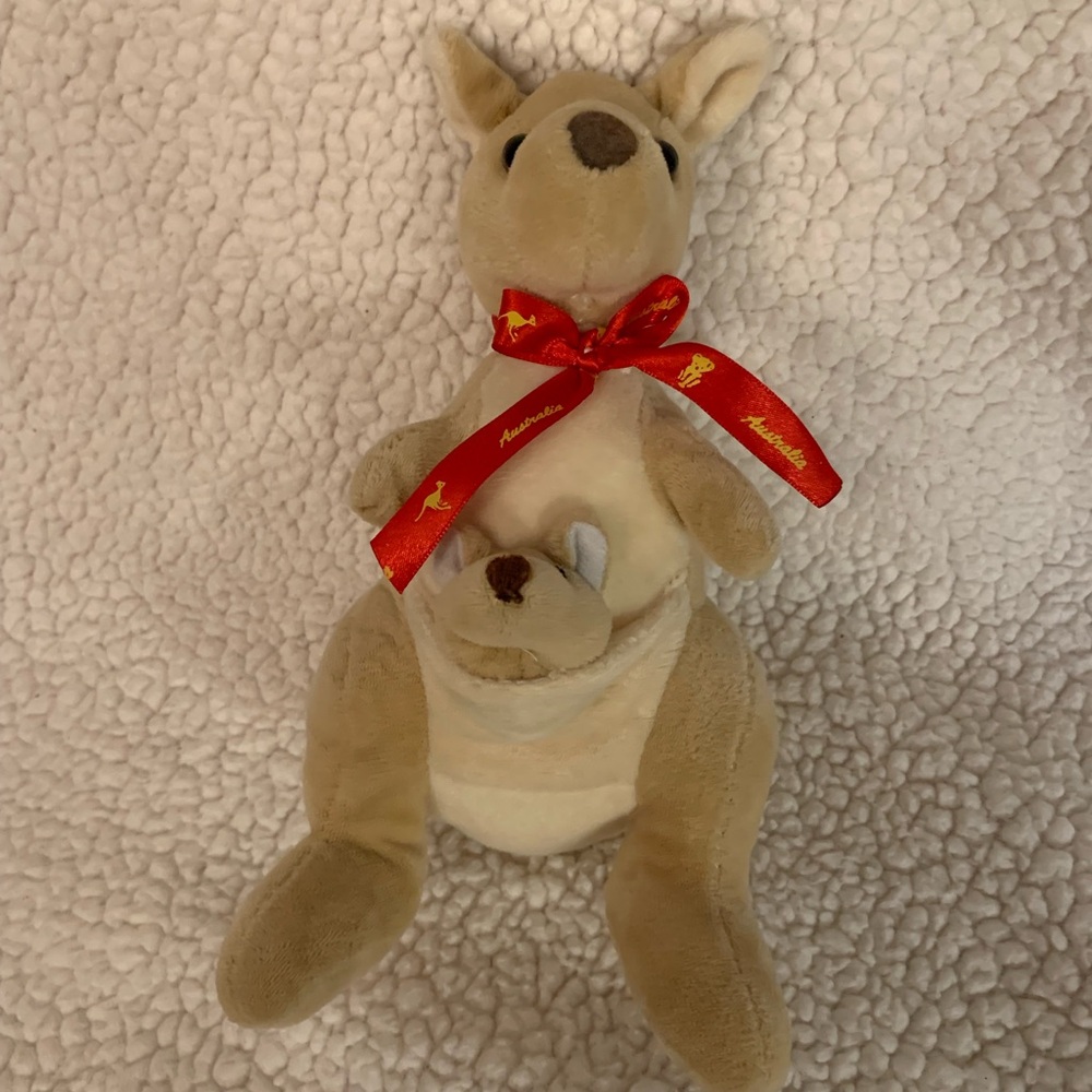Australia Kangaroo Plush Momma With Baby In Pouch with Red Ribbon 8 Inches